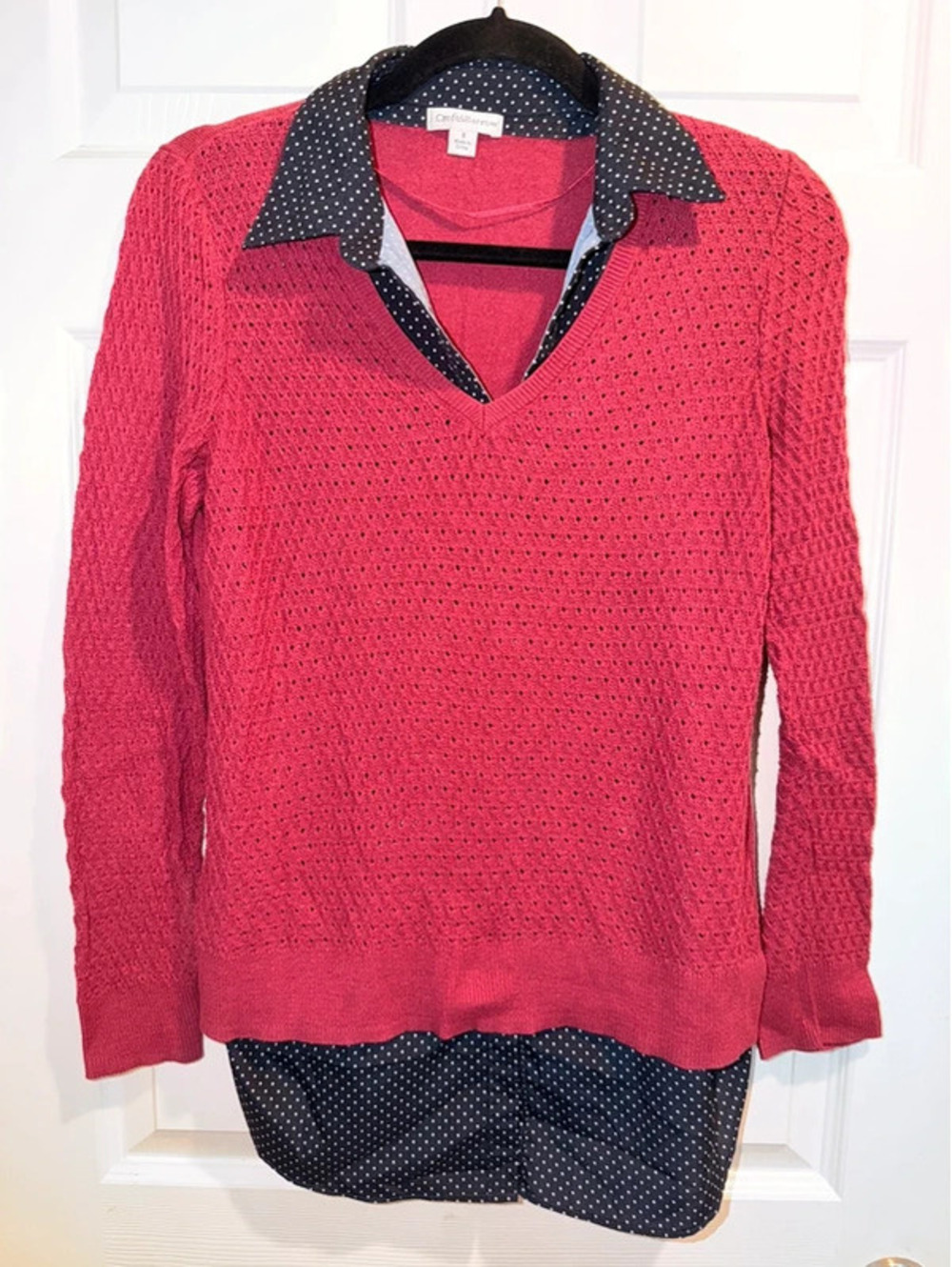 Croft & Barrow Burgundy Sweater with Navy Polka Dot Collar – Size Small